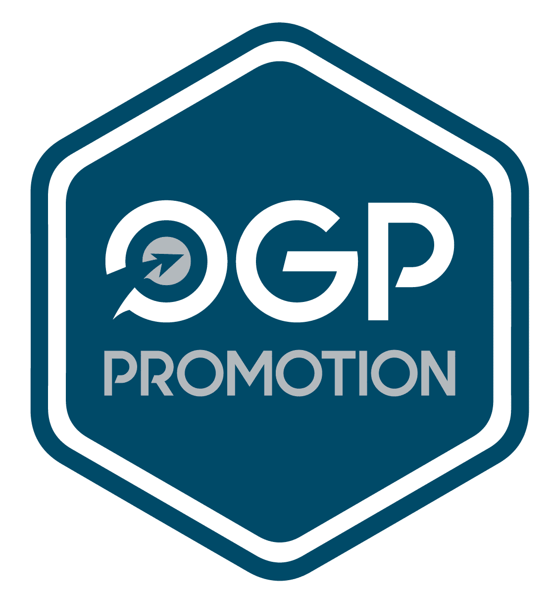 Logo OGP PROMOTION dans un hexagone bleu et vert. Le sigle OGP est vert foncé avec une icône flèche/bulle, sous lequel est écrit PROMOTION en gris clair.