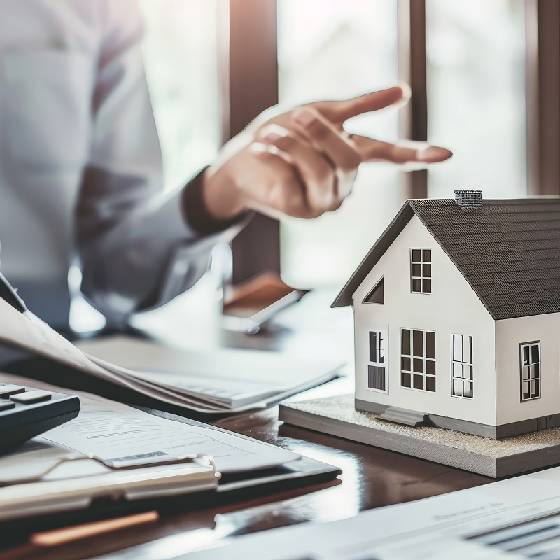 Main pointant vers maquette maison sur bureau, documents financiers, discussion achat immobilier.