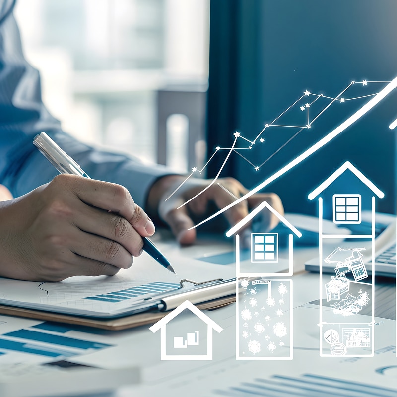 Personne analysant des données financières ou immobilières avec stylo, graphique de croissance et maisons stylisées superposées.