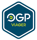 Logo hexagonal OGP VIAGER. Fond teal, texte blanc OGP et jaune VIAGER. Symbole flèche circulaire et éclair.