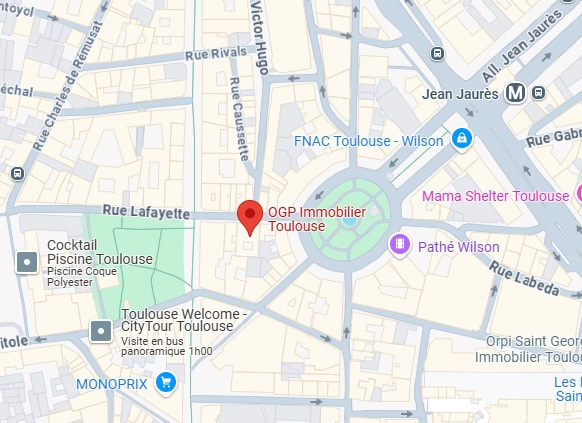Carte de Toulouse centrée sur OGP Immobilier près de la Place Wilson. Montre Rue Lafayette, Rue Charles de Rémusat, Allées Jean Jaurès, FNAC, Pathé Wilson et Mama Shelter.