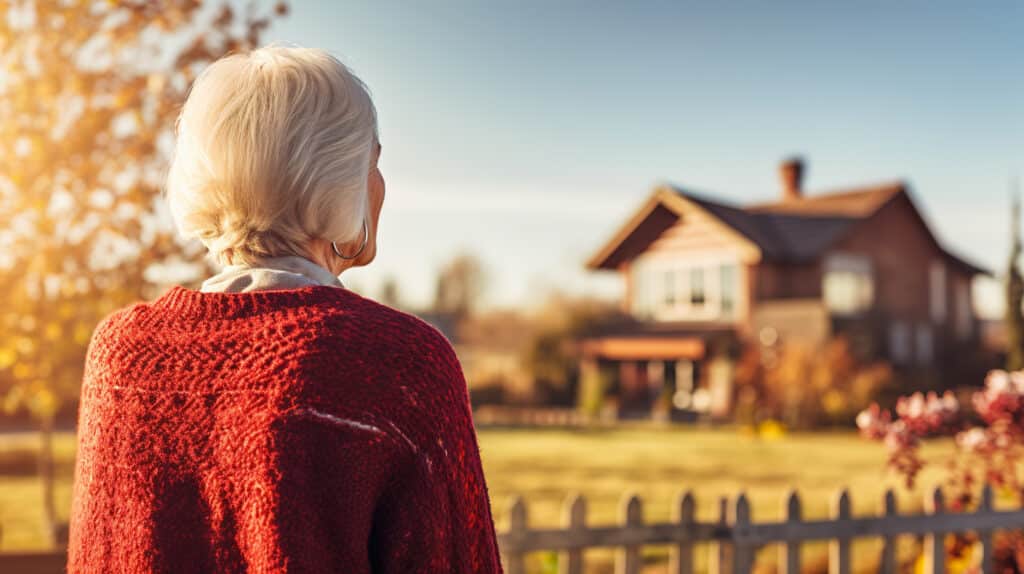 Femme âgée de dos en pull rouge, regardant sa maison au loin dans un jardin ensoleillé d'automne.