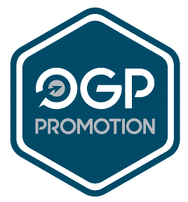 Logo OGP Promotion hexagonal bleu foncé avec un symbole de flèche circulaire dans le 'O', représentant le progrès et le marketing.